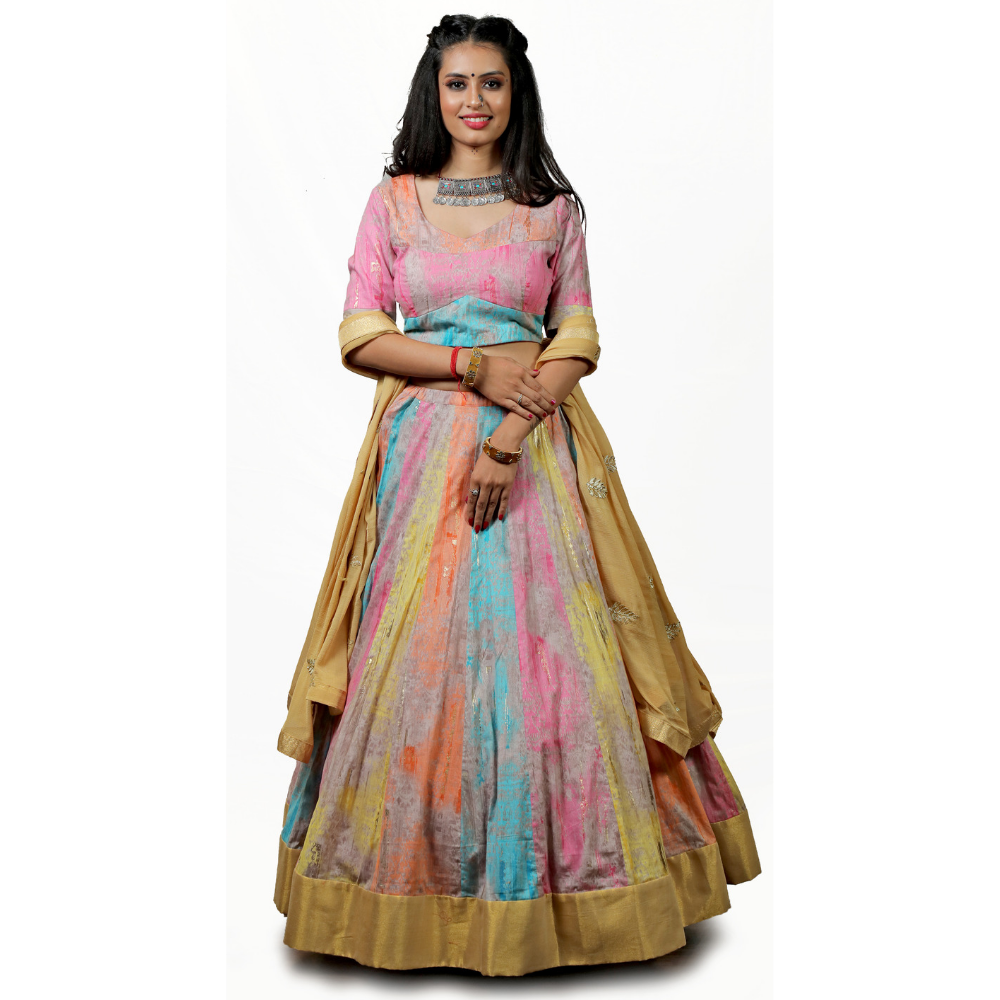 Multi Color Chaniya Choli With Golden Dupatta - Creative Stylista