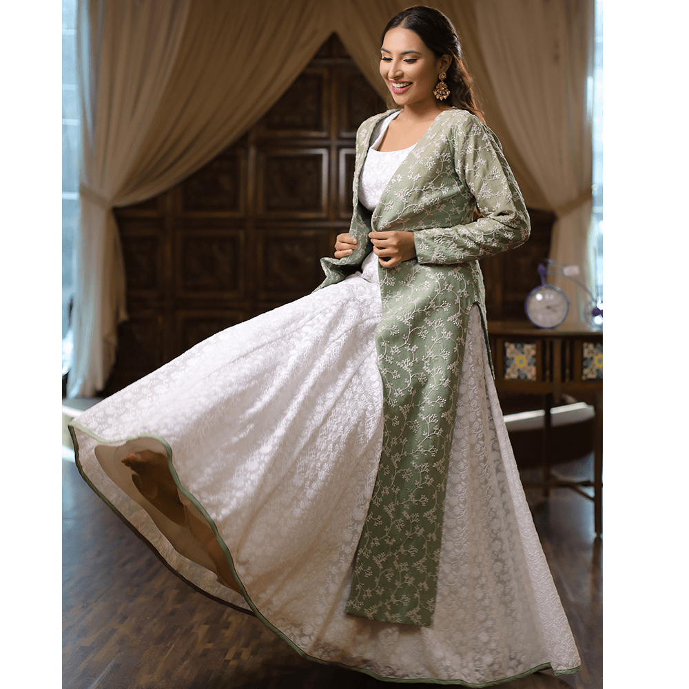 Green and white Lakhnavi Indo-western dress - Creative Stylista