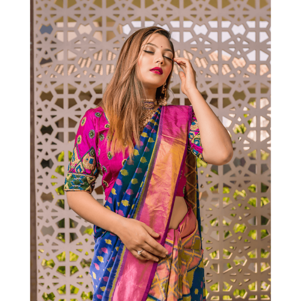 Blue and Magenta Patola Saree with hand work blouse - Creative Stylista